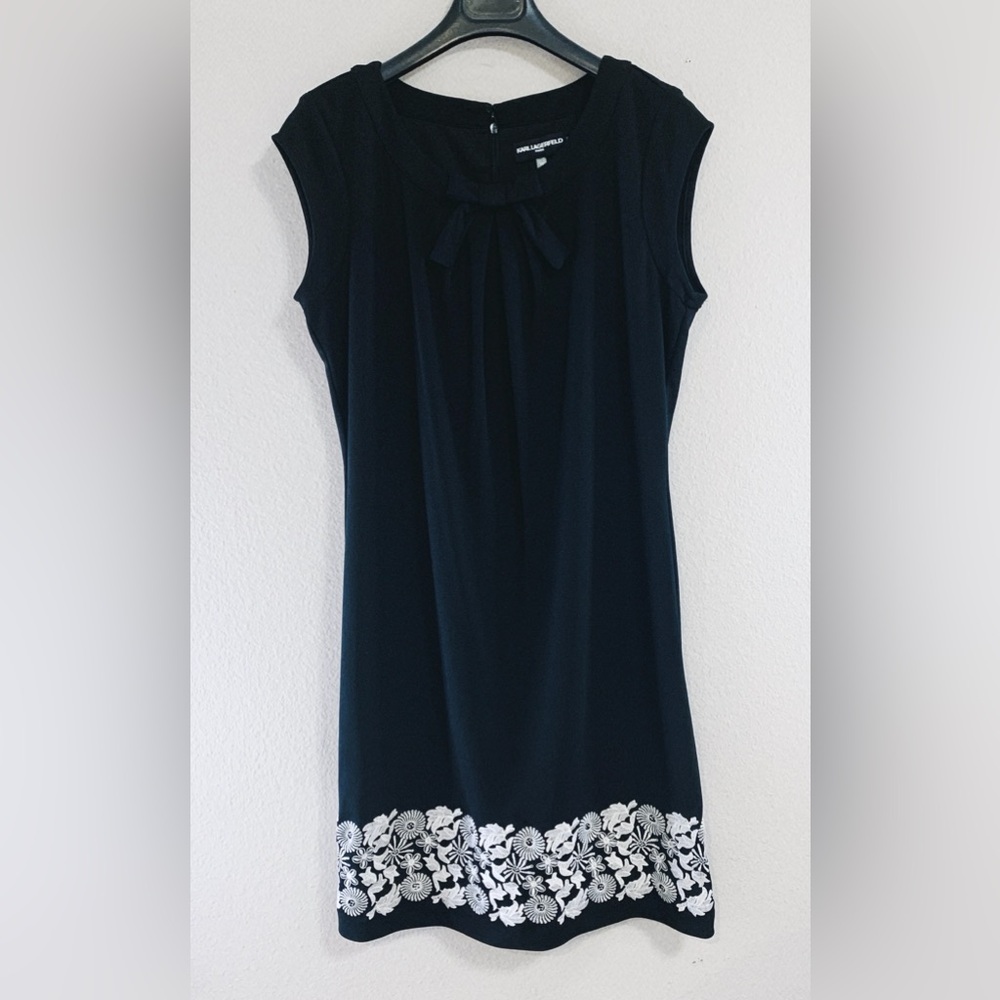 Karl Lagerfeld Midi Dress Sz 10 Embroidered Floral Sleeveless Bow Zip Back Black